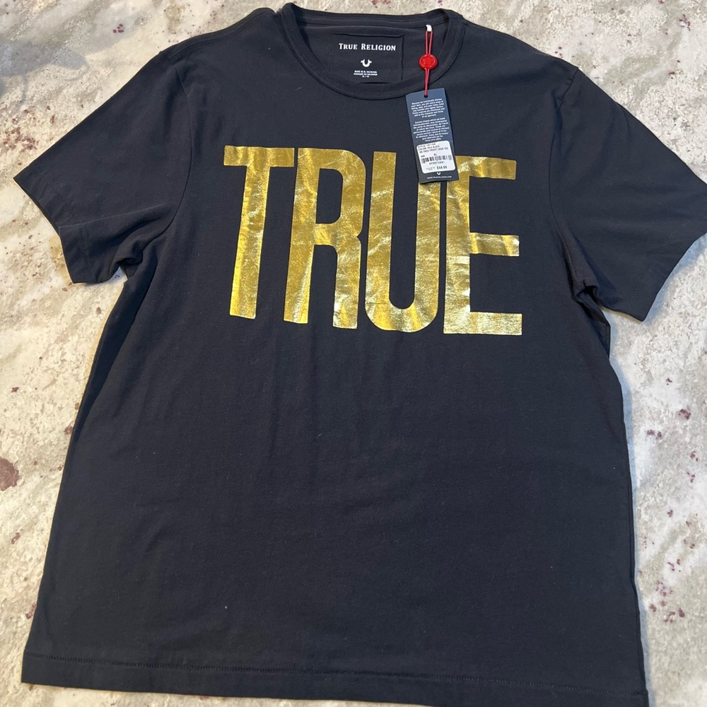 True Religion Mens XL Black Metallic Gold True Logo Graphic T-Shirt NWT